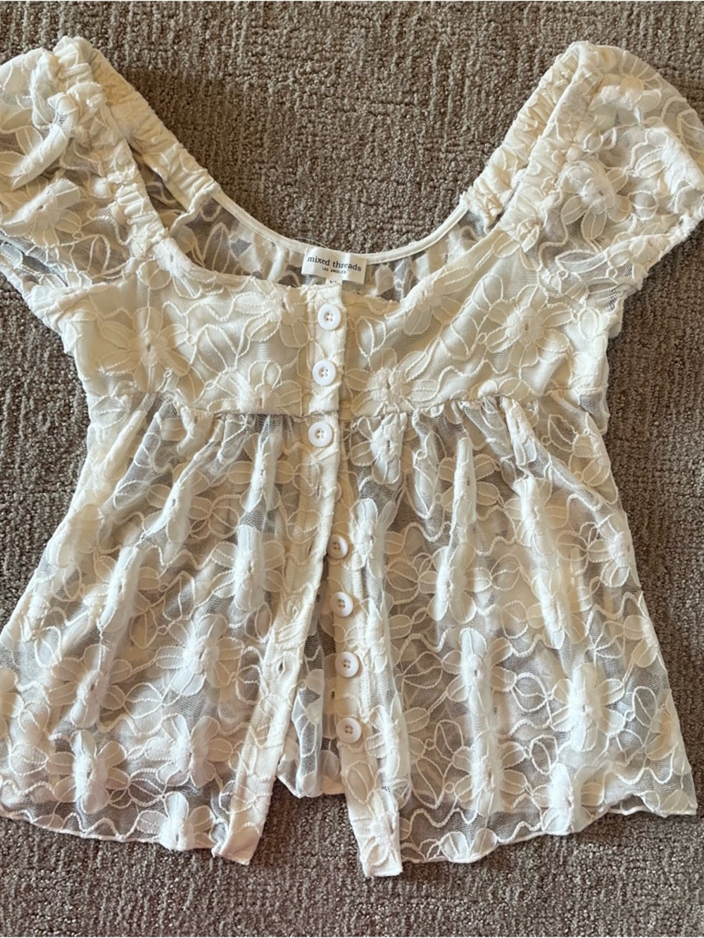 Cream Lace Button-Front Short Sleeve Blouse by Mixed Threads